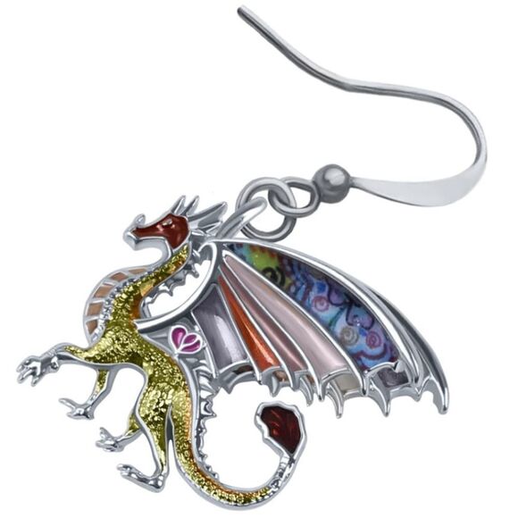 Silver and Multicolor Enamel Mythical Dragon Dangling French Wire Hook Earrings - Picture 2 of 5